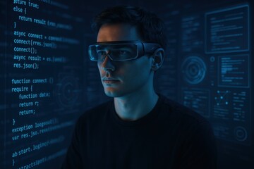 Tech Visionary in Action: A focused individual wearing futuristic glasses stands before a vibrant display of intricate coding and data visualization, showcasing the power of innovation.