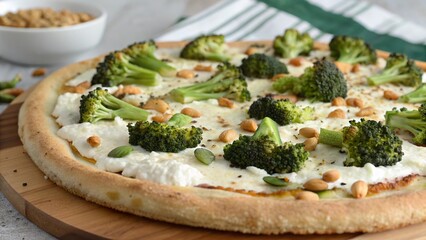 Delightful broccoli and ricotta pizza topped with toasted pine nuts in a cozy kitchen setting