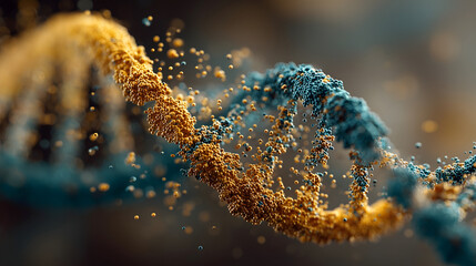Deconstructed DNA Strand with Golden and Blue Elements, Molecular Biology Concept, Science and Technology Visualization, Genetic Code Presentation