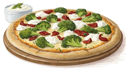 Deliciously crafted broccoli and ricotta pizza topped with sun dried tomatoes on a rustic wooden table