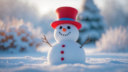 Obraz premium A snowman with a red hat and a smiley face, standing in a snowy landscape.