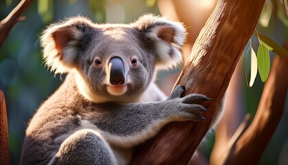 Fototapeta premium koala rests peacefully on a eucalyptus tree during a sunny day the serene setting highlights the beauty of this iconic australian animal in its natural habitat