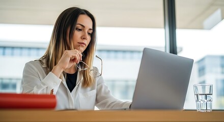 Woman holding glasses looking at laptop in office setting with water