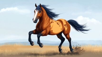 Fototapeta premium A dappled horse in motion against a pale sky.