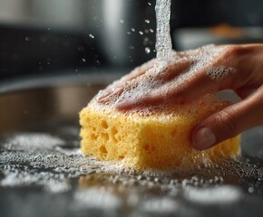 Fototapeta premium hand washes dishes with a yellow sponge