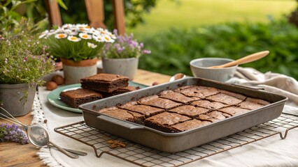 Deliciously decadent brownies cooling on a rustic table surrounded by fresh flowers