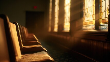 Tranquil interior of church illuminated by stained glass, evoking serenity for religious promotions, design projects, or calm backgrounds.