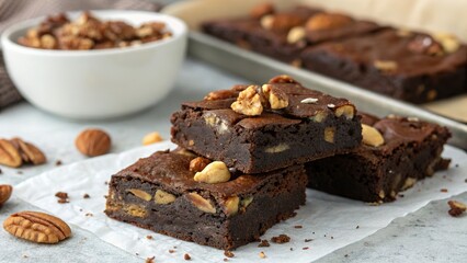 Indulging in rich homemade brownies with nuts surrounded by a cozy kitchen atmosphere