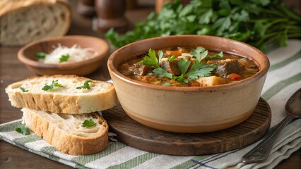 Rustic bowl of brudet served with crusty bread and fresh herbs in a cozy dining setting