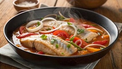 Brudet stew simmering with fresh fish fillets and vibrant vegetables in a rustic kitchen setting