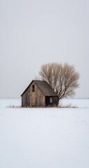 A weathered wooden shed stands solitary on a snowy field, a bare tree beside it