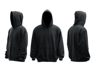 Black Hoodie Mockups Displayed on Invisible Model 3-Angle View Set Transparent Background.