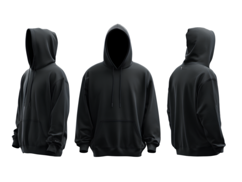 Black Hoodie Mockups Displayed on Invisible Model 3-Angle View Set Transparent Background.