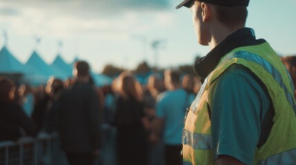 Security officer near entrance with blurred crowd, emphasizing vigilance for event safety content, training materials, or business advertisements.