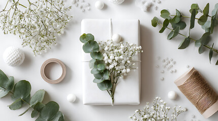 Elegant white gift wrapped with delicate white flowers and eucalyptus leaves gift wrapping baby's breath