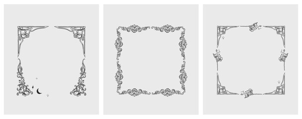 Hand drawn vector abstract outline,graphic,line vintage baroque ornament floral frame in calligraphic elegant modern style.Baroque floral vintage outline design concept.Vector antique frame isolated.