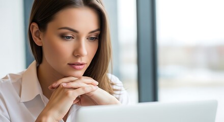 Woman in white shirt looking at laptop with hands clasped under chin