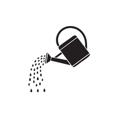 Black and white illustration of a watering can pouring water droplets liquid