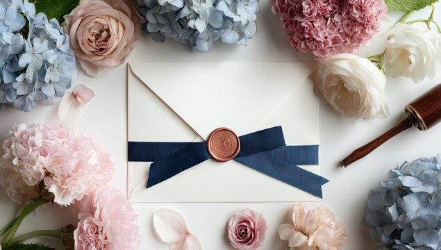 Elegant white envelope, tied with navy ribbon, sealed with copper wax, surrounded by pastel flowers - Powered by Adobe