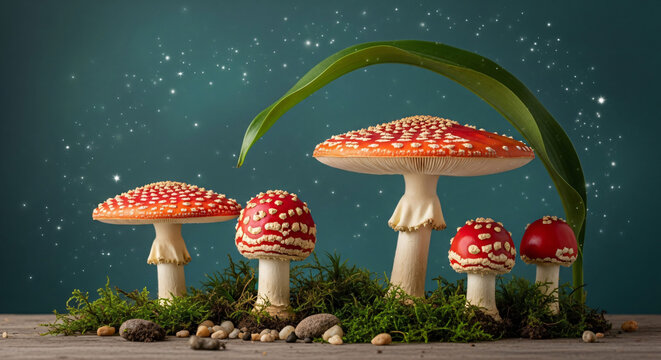 Amanita muscaria mushrooms with red caps and white spots on moss