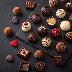 Assortment of gourmet chocolate truffles and bars with intricate designs and toppings on a dark surface