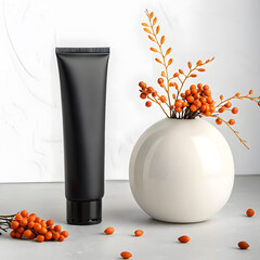 Minimalist black cosmetic tube next to a round white vase with autumn berries and branches on a neutral background
