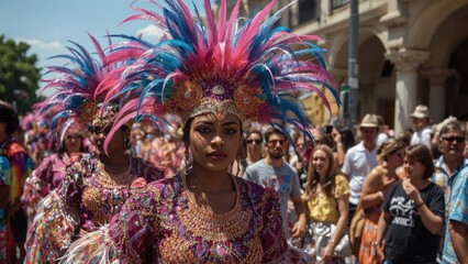 Obraz premium Vibrant Celebration Features Elaborate Costumes and Festive Atmosphere Amidst Cheering Crowds