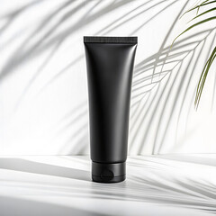 Minimalist studio product shot of a sleek black cosmetic tube casting subtle shadows from tropical palm leaves