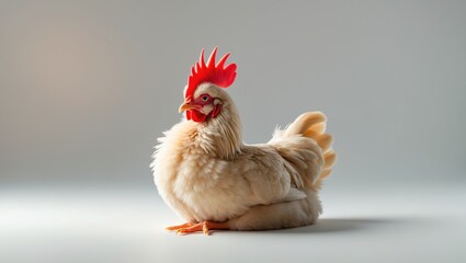 Naklejka premium A chicken with a comb, feathers, and beak, lying on a surface.