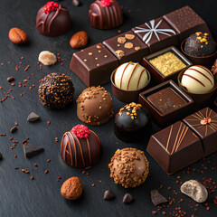 Assortment of gourmet chocolate truffles and pralines artfully arranged on a dark slate surface