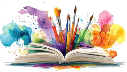 Open book filled with colorful paint splatters and art supplies
