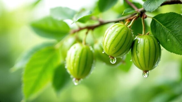 Fresh Green Gooseberries on Tree Branch with Dew Drops in Natural Light