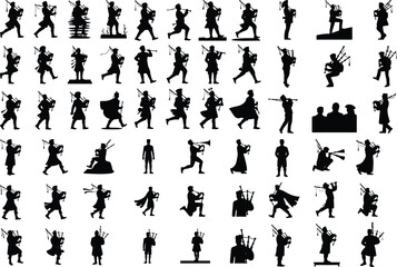 Man Playing Bagpipe Silhouette Set – Scottish Folk Icon Design Traditional Bagpiper Silhouettes – Musician Icon Pack in Black Style