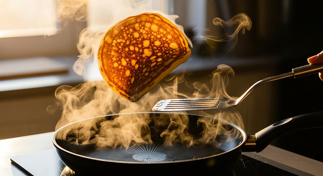 Flipping a freshly made golden pancake with a spatula over a hot, steaming skillet in a sunlit kitchen. Preparing a delicious homemade breakfast. - Powered by Adobe