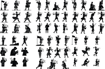 Man Playing Bagpipe Silhouette Set – Scottish Folk Icon Design Traditional Bagpiper Silhouettes – Musician Icon Pack in Black Style