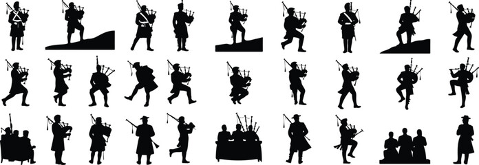 Man Playing Bagpipe Silhouette Set – Scottish Folk Icon Design Traditional Bagpiper Silhouettes – Musician Icon Pack in Black Style © logodesign11