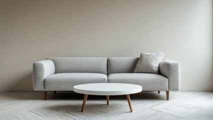 A modern sofa with a pillow and a round coffee table in a minimalist living room with neutral tones.
