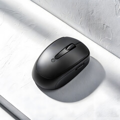 Modern black wireless computer mouse casting a shadow on a clean white surface with subtle light and shadow patterns