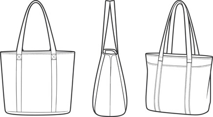 Tote bag technical vector – minimalist flat sketch of canvas shoulder handbag with strap detail, front side back view