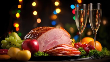 Sliced ham centerpiece with festive fruits and champagne flutes