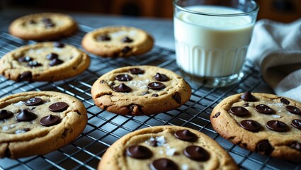 Freshly baked chocolate chip cookies on a cooling rack with a glass of milk. Homemade treats with chocolate and dairy.