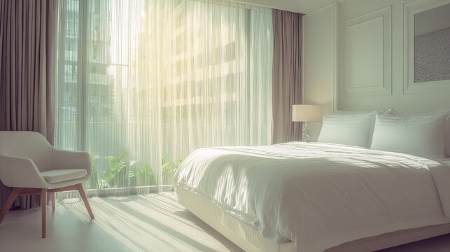 Neatly arranged hotel bedroom in morning glow, symbolizing serene hospitality and restful escape.