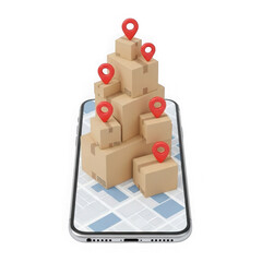 Smartphone displaying delivery packages with location pins isolated on transparent background