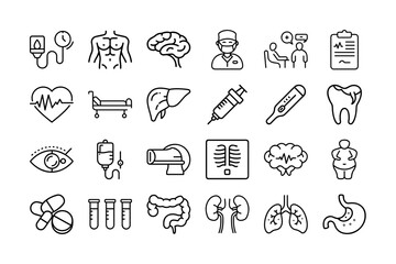 Health Checkup Icon Set. Medical, healthcare, doctor consultation, diagnosis, heart rate, thermometer, X-ray, syringe, eye care, blood pressure, and more. Editable stroke. Vector illustration.
