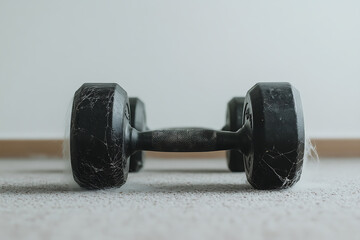 A black dumbbell sits on a light-colored carpet against a white wall, showcasing a simple home fitness setup with a focus on strength training.