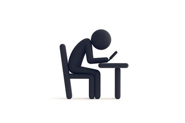 Minimalist illustration of a person seated at a desk, hunched over and using a digital tablet. Clean, white background. Modern, simple design.
