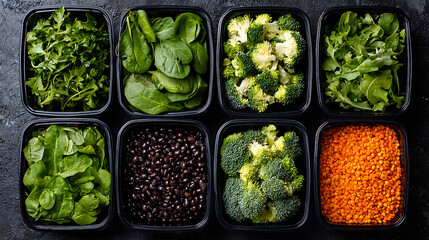 Obraz premium Green leafy vegetables broccoli florets black beans and red lentils in black containers healthy food