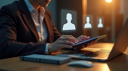 Businessman with hands on keyboard typing on a laptop at his desk
