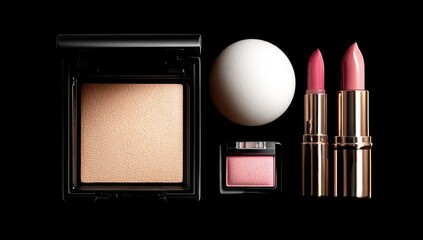 Makeup products, blush, powder, lipstick,  on black background