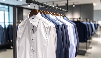 A selection of men's formal dress shirts hanging on a clothing rack in a modern retail store. Concept of menswear, fashion, and shopping.